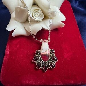 Pendant w/Chain Rose Dalhia Turquoise & Red Garnets 925 Sterling Silver